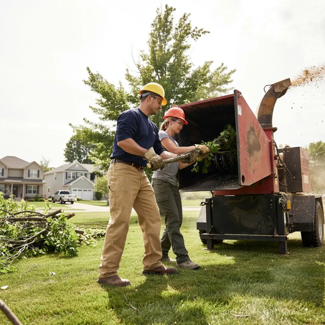 The Sky Blue Tree Service crew with the chipper truck